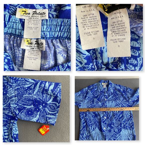 Vtg NOS 80s 90s Two Potato Resort Wear Button Down Shirt + Shorts Set S Blue - Picture 8 of 9